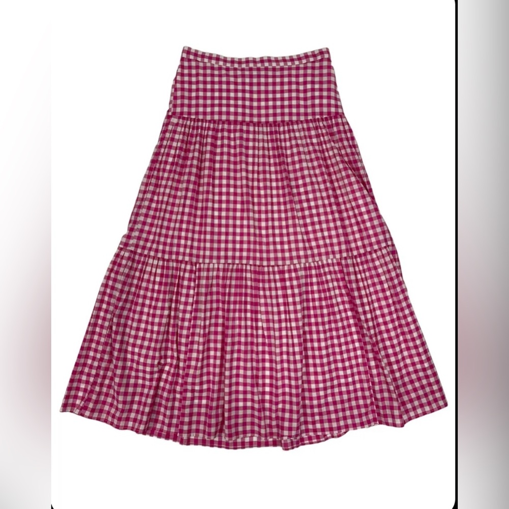 J. Crew XL Tiered Maxi Skirt Pink Gingham Lined Cottage Core 80’s Inspired NWT